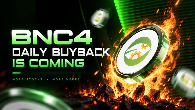 A promotional graphic announces the "BNC4 Daily Buyback Is Coming," featuring a flaming coin branded with BNC4's rocket logo amid a dramatic fiery backdrop, with the tagline "More Stocks • More Memes." The fiery imagery visually reinforces the post's message of a completed buyback and burn campaign, where 100% of September 18th product revenue was used to repurchase BNC4 tokens, with $4Stock recognized as the top performer.