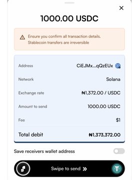 The image displays a Spenda app transaction confirmation screen for sending 1000.00 USDC on the Solana network at an exchange rate of ₦1,372.00/USDC, resulting in a total debit of ₦1,373,372.00 plus a $1 fee. This demonstrates the platform's stablecoin transfer feature highlighted in the post, showing users how they can send digital dollars across chains directly from their Spenda balance.