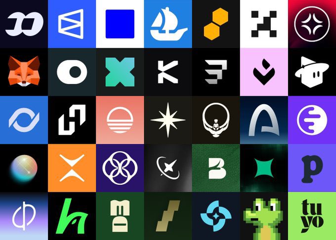A grid of 35 various cryptocurrency and tech brand logos including MetaMask, XRP, Bitcoin, Ethereum, and Solana.
