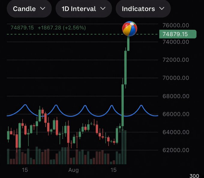 A Bitcoin candlestick chart on a 1D interval showing a price of 74879.15 with a gain of +1867.28 (+2.56%), featuring a dramatic green surge and a beach ball emoji marking the price spike.