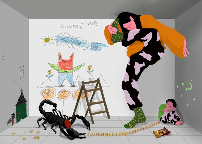 The image shows a digital artwork featuring a person in cow-print pants and an orange sweater interacting with a child-like drawing on a wall depicting a house, mountains, and the text "SÜMER JUNE SÜMER JUNE," alongside a large black scorpion and a wooden ladder, reflecting the whimsical and surreal style of the NFT piece "ME & me" by Sumeyra Yucee.