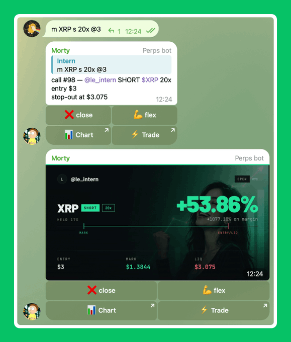 A Telegram bot interface from Morty Perps bot showing an XRP s 20x short position with a +53.86% gain, entry $3, mark $1.3844, and liq $3.075.