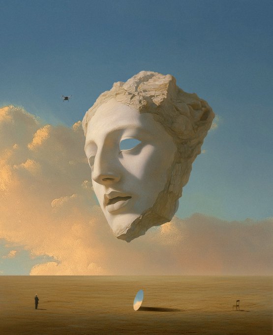 The image features a large white sculpture of a woman's face, which appears to be floating in mid-air or hovering above an empty field. The sculpture is surrounded by a desert landscape, giving the impression that it is part of a dreamlike scene. In the background, there are two people standing near a chair and a bench, possibly admiring the surreal artwork. The image also includes text that reads "AUCTION LIVE" and "Recurring dream".