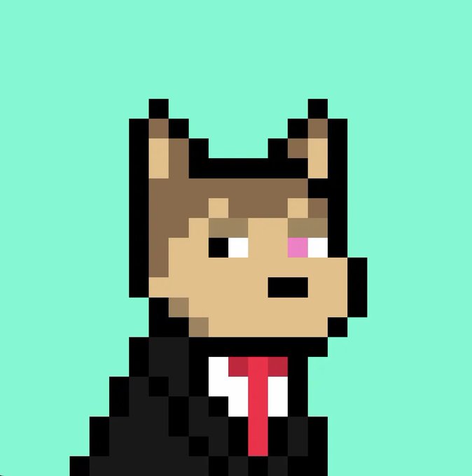 A pixel art portrait of a Shiba Inu dog dressed in a black suit with a red tie, set against a mint green background. The image visually represents the "doginal dogs" theme mentioned in the post, depicting the dog as a sophisticated figure reflecting the choice to embrace that identity.