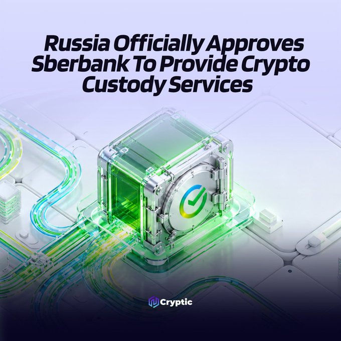 The image features a futuristic graphic of a glowing green digital vault with a checkmark, symbolizing secure crypto custody, accompanied by the headline "Russia Officially Approves Sberbank To Provide Crypto Custody Services." This visual reinforces the announcement of Sberbank entering regulated crypto custody, set to launch crypto products supporting BTC, ETH, and USDT starting December 1.