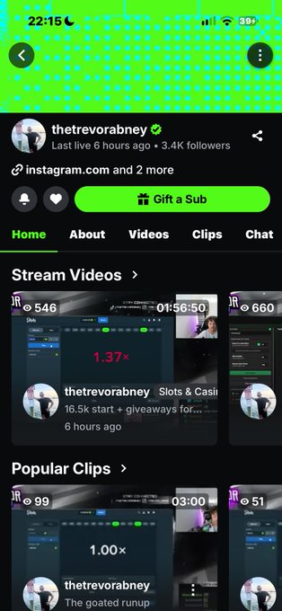 A mobile channel page for “thetrevorabney” shows “Last live 6 hours ago • 3,4K followers,” navigation tabs, a green “Gift a Sub” button, and stream video thumbnails.