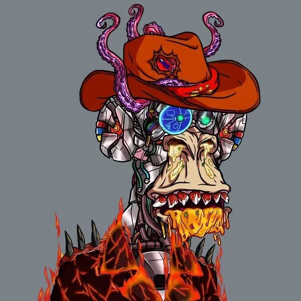 A colorful cartoon illustration of a cyborg zombie-like character wearing a red cowboy hat with tentacles, having exposed mechanical parts, yellow drool, and standing amid flames.