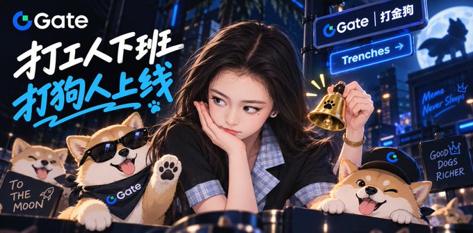 An anime-style illustration promoting Gate exchange with Chinese text '打工人下班 打狗人上线' (meaning workers clock off, dog fighters log on), showing a woman surrounded by Shiba Inu dogs in sunglasses with signs reading 'TO THE MOON' and 'GOOD DOGS RICHER'.