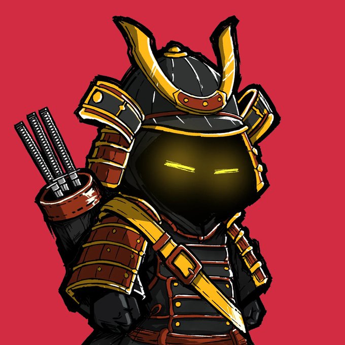 A cartoon samurai character in black and gold armor with a horned helmet, glowing yellow eyes, and swords on its back, set against a red background.