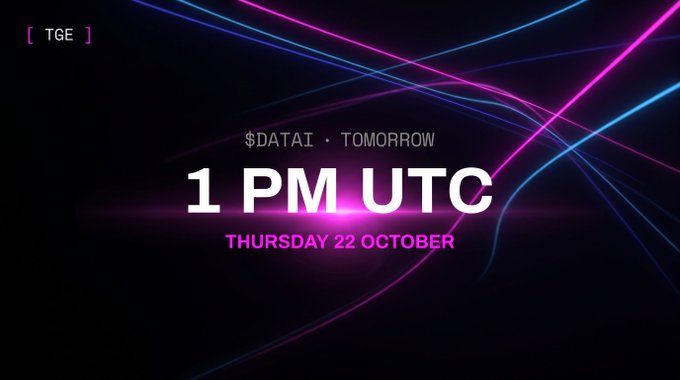 A dark promotional graphic with neon blue and magenta light trails announces “$DATAI · TOMORROW” at “1 PM UTC,” with “THURSDAY 22 OCTOBRE” below and a “[ TGE ]” label in the upper-left. It visually reinforces the post’s announcement that $DATAI launches the next day on PancakeSwap via the BNB Chain.