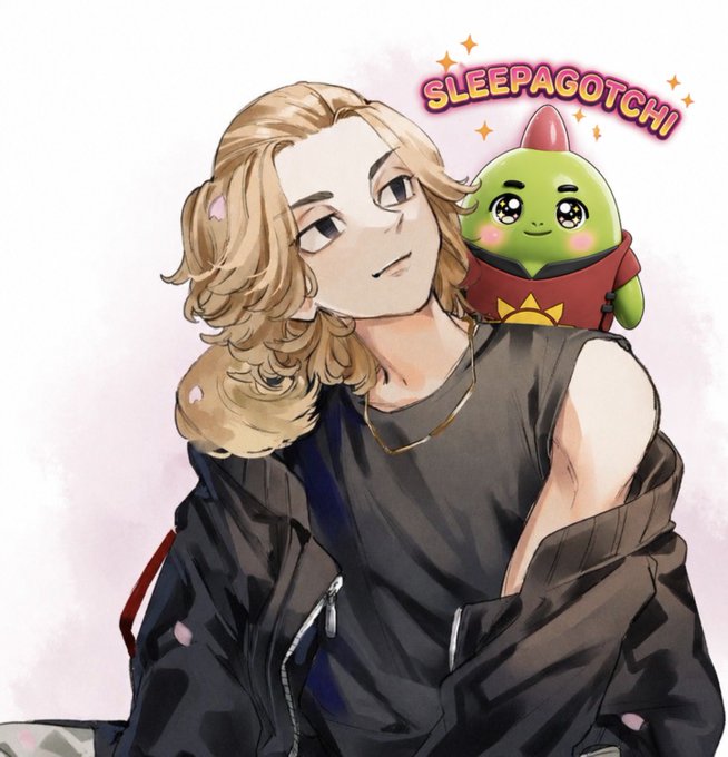 Digital illustration of a blonde character in a dark jacket with a small green creature labeled 'SLEEPAGOTCHI' on their shoulder.