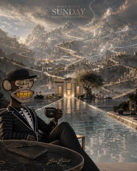 A stylized cartoon figure with gold teeth and a black cap lounges in a pinstripe suit holding a coffee cup, with a book titled "The House at the End of Every Road" and pen resting on a marble table, set against an epic fantasy landscape of a grand estate and mountain vistas branded "Born Bored SUNDAY." The image perfectly mirrors the post's theme of savoring life's "quiet moments" and not rushing through what you've built—pairing a sense of hard-earned luxury and reflective stillness with the Sunday Web3 message about winning by simply being present.
