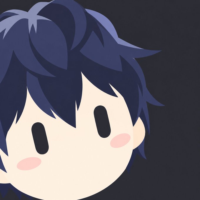 A close-up of a cute anime-style chibi character with dark blue hair and blank oval eyes against a dark background.