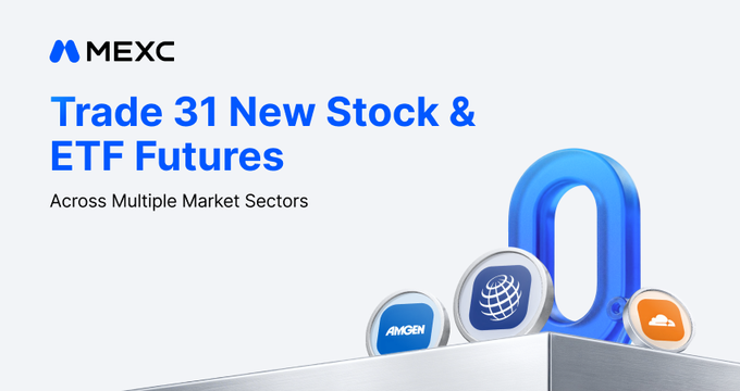 A promotional banner for MEXC reads 'Trade 31 New Stock & ETF Futures Across Multiple Market Sectors' in blue text. 3D icons including the MEXC logo, 'AMGEN', a globe, and a cloud appear on a white background.