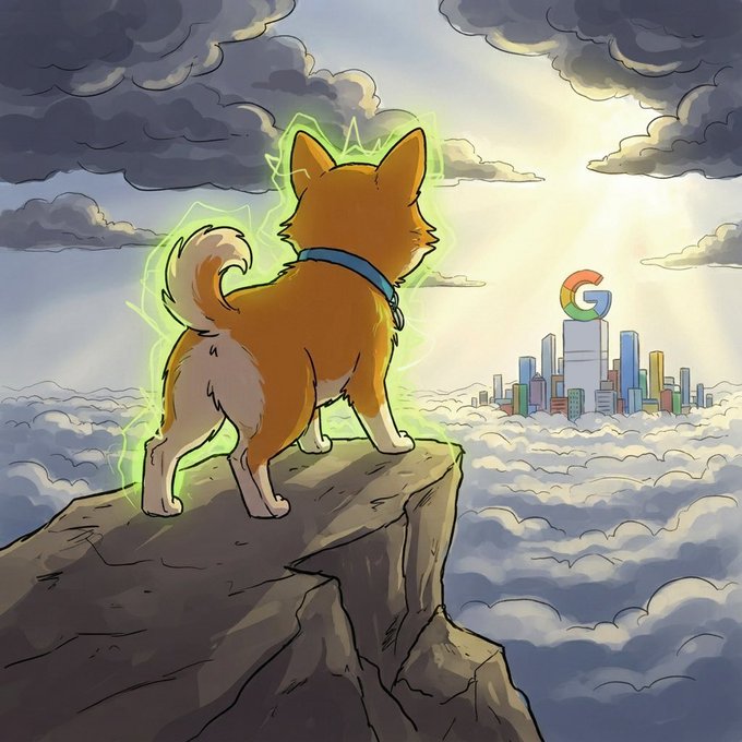 A glowing orange dog stands heroically on a cliff above the clouds, gazing toward a distant city skyline crowned with the Google "G" logo, symbolizing a bullish charge toward a major tech target — fitting for the "LONG $QUBIT" rally call.