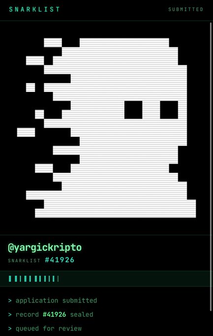 A digital artwork on a 'SNARKLIST' platform shows a pixelated white ghost-like figure dissolving, with the text '@yargickripto', 'SNARKLIST #41926', and status messages 'application submitted', 'record #41926 sealed', and 'queued for review' visible below.