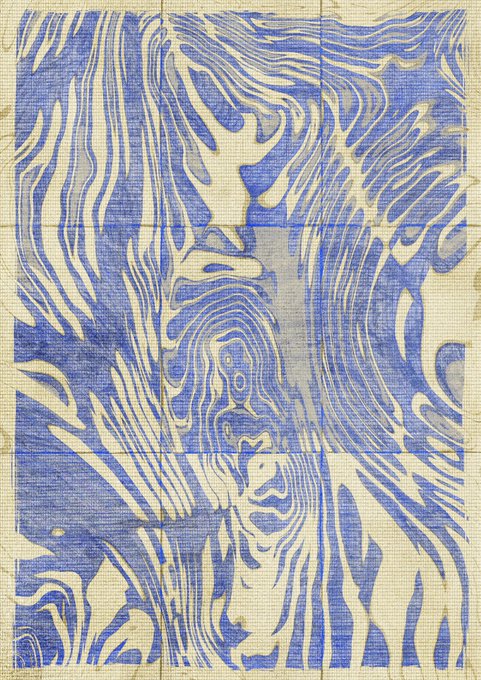 An abstract artwork with flowing blue and white marbled or wood-grain patterns on a textured beige background.