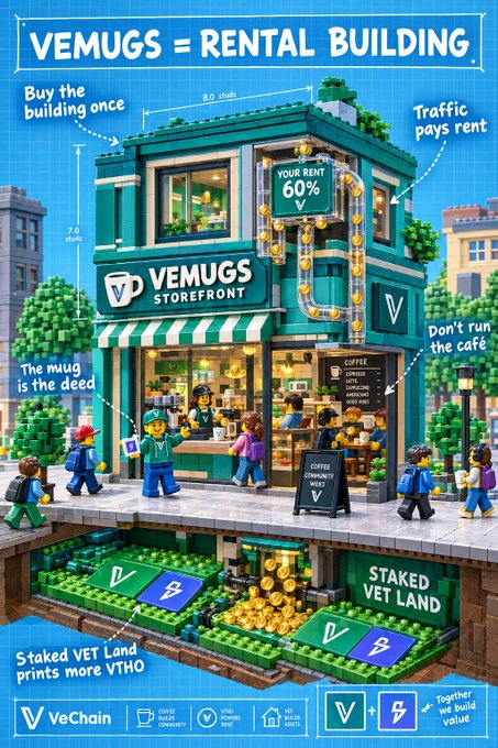 The image depicts a LEGO-style illustration of "VEMUGS = RENTAL BUILDING," showing a two-story storefront with a café, where traffic generates "RENT 60%" and a "STAKED VET LAND" underground foundation "prints more VTHO" for "VECHAIN." The analogy aligns with the post's explanation: buying the building once lets passive holders (like a landlord) earn from existing foot traffic and VeChain-powered operations without actively running the business.