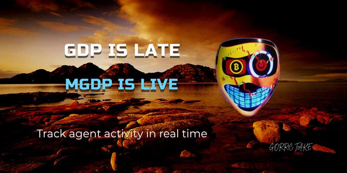 Promotional banner with text "GDP IS LATE, MGDP IS LIVE" and "Track agent activity in real time" displayed against a sunset coastline backdrop, featuring a stylized robotic mask logo.
