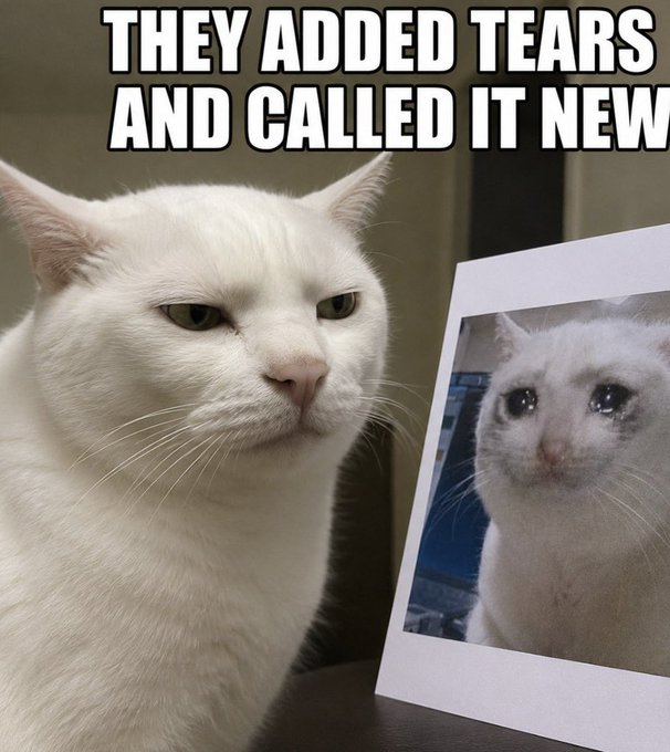 A white cat with an unimpressed expression looks at a Polaroid photo of itself appearing to cry, accompanied by the text "THEY ADDED TEARS AND CALLED IT NEW."