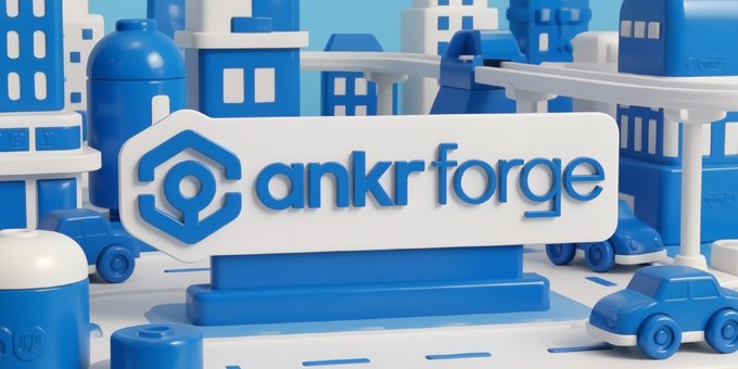 A 3D-rendered promotional image for 'ankr forge' displayed on a white sign surrounded by blue toy-like buildings, cars, and an elevated track.