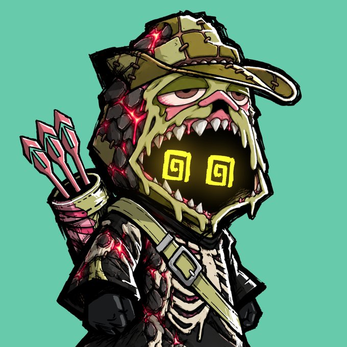 A cartoonish illustration of a menacing character in a hat with a wide, toothy mouth and a glowing spiral pattern inside, holding arrows, set against a teal background.