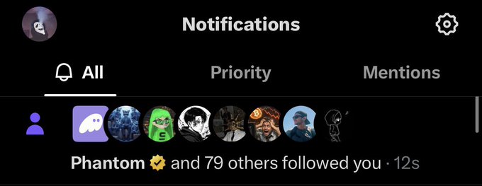 A screenshot of a social media "Notifications" page displays a message that "Phantom ✓ and 79 others followed you · 12s," visually reinforcing the post's excitement about receiving a follow from the verified account @Phantom.