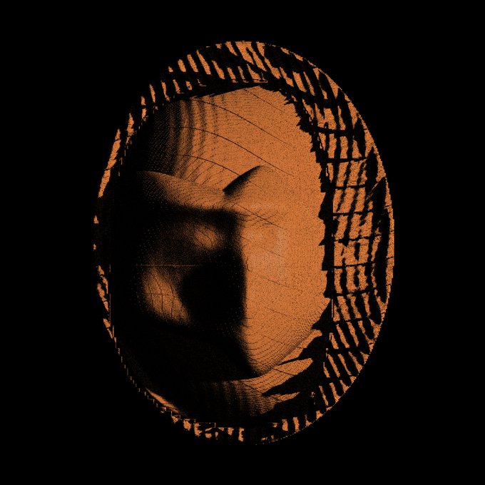 A stylized orange and black digital artwork of a face seen through an oval opening with jagged, tooth-like edges, set against a solid black void.