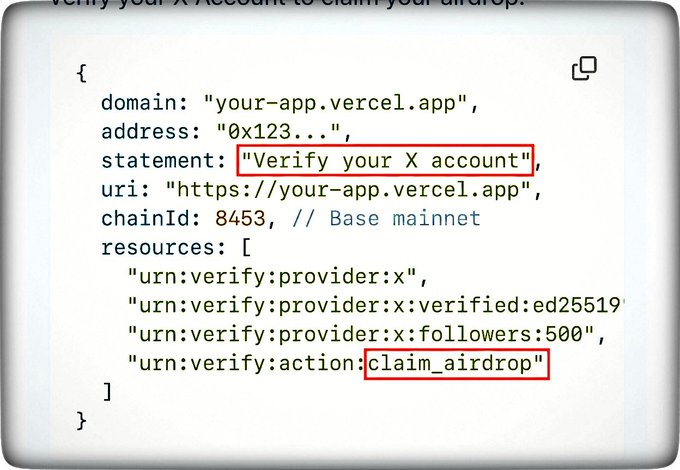 A code snippet showing an X verification configuration with a red box highlighting 'Verify your X account' as the statement and 'claim_airdrop' as the action resource.