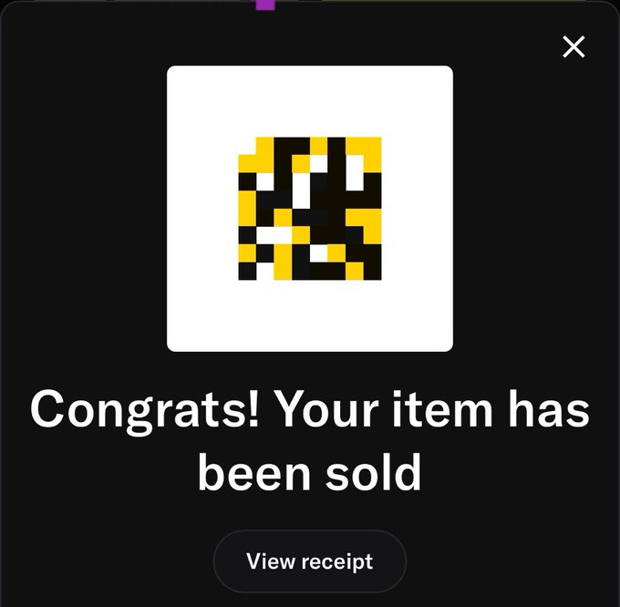 A pop-up notification screen with a pixelated yellow and black avatar stating 'Congrats! Your item has been sold' with a 'View receipt' button.