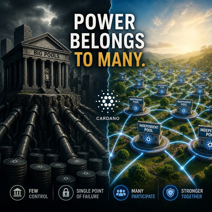 A Cardano (ADA) cryptocurrency infographic stating 'POWER BELONGS TO MANY,' contrasting a centralized 'BIG POOLS' bank-like structure on the left with a decentralized network of independent stake pools on the right.