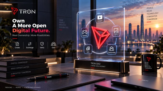 A promotional banner for TRON featuring the text 'Own A More Open Digital Future. Real Ownership. More Possibilities.' with logos for Create, Exchange, Verify, and Own.