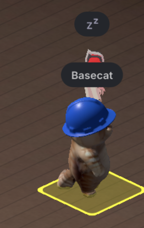 A 3D game avatar labeled “Basecat” appears asleep, with a “Zzz” icon above its head, while wearing a blue hard hat. A small pet or character is positioned on or behind the avatar’s head, and the post caption reads “????”.