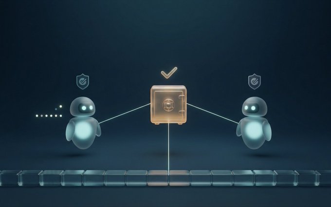 A 3D-rendered digital illustration showing two ghost-like figures with shield icons connected by lines to a central golden safe or vault with a checkmark above it.