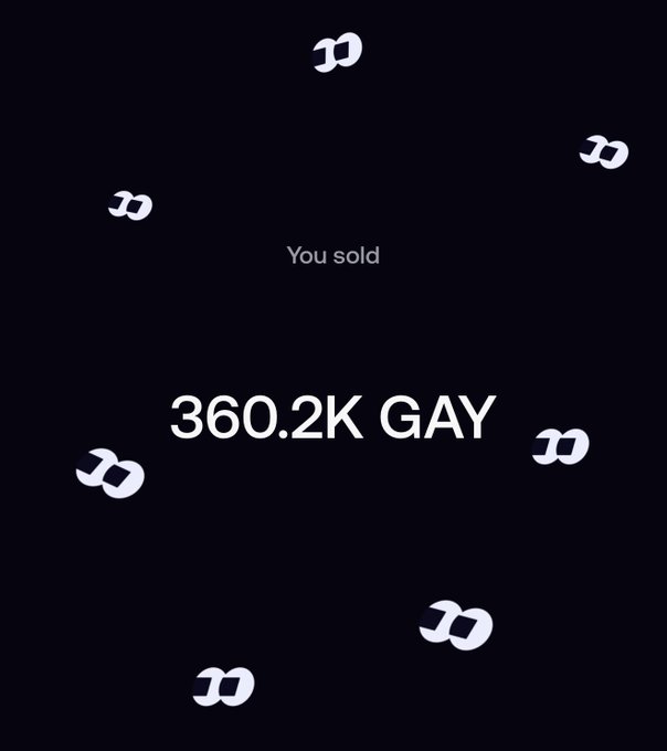 A dark screen showing 'You sold 360.2K GAY' with floating PolitiFi token symbols.