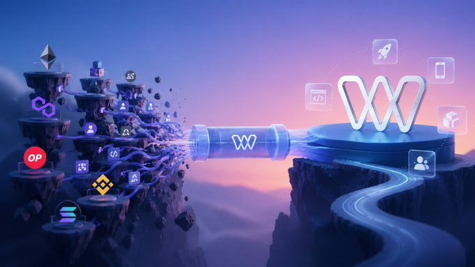 A digital promotional artwork showing cryptocurrency icons flowing through a glowing tube between two cliff formations, converging on a large 'W' logo on a circular platform.
