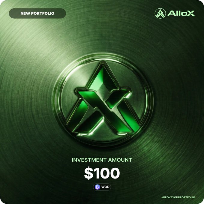 A green-themed promotional image for AlloX featuring a metallic green logo resembling interconnected triangles, advertising a 'NEW PORTFOLIO' with an 'INVESTMENT AMOUNT' of $100 in WOD and the hashtag #PROVEYOURPORTFOLIO.