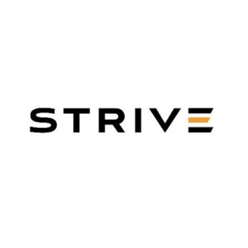 The image displays the "STRIVE" logo in bold black text with the "E" rendered in orange, representing Strive ($ASST), which is highlighted in the post as launching a 2x daily leveraged ETF through REX Shares while holding 25,000 Bitcoin.
