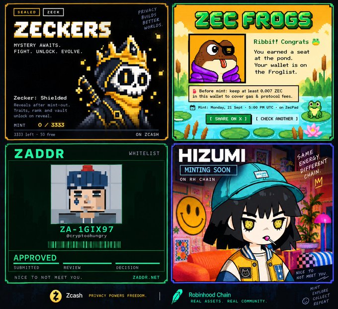 A four-panel collage displays 'ZECKERS', 'ZEC FROGS', 'ZADDR' (approved by @cryptohungry), and 'HIZUMI MINTING SOON' NFT projects on the Robinhood Chain, featuring pixel art and anime-style characters.