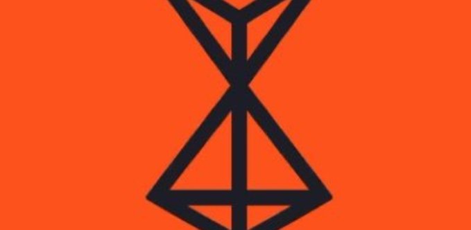An abstract geometric design featuring a dark hourglass-like figure on a bright orange background.