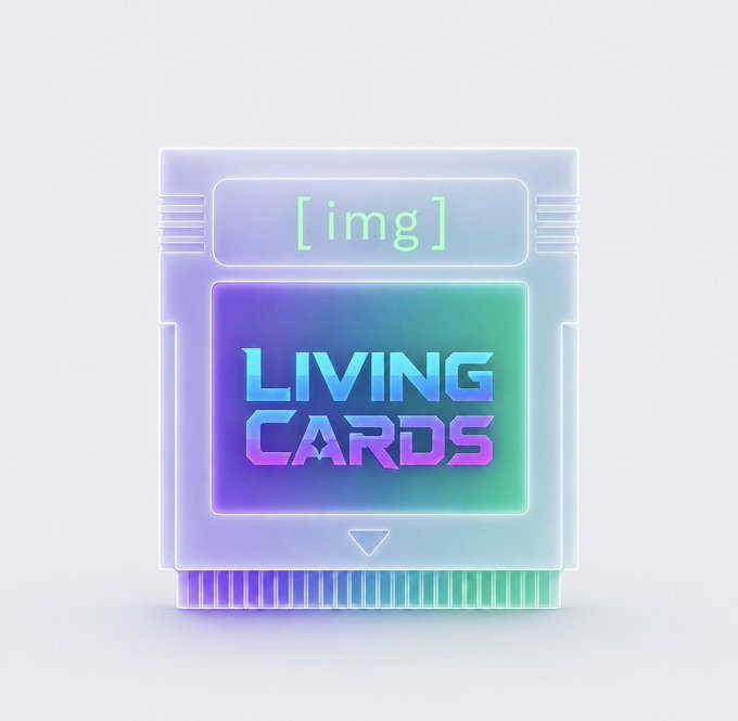 A 3D-rendered holographic card icon with the text '[img]' and 'LIVING CARDS' displayed in glowing neon cyan and pink against a white background.