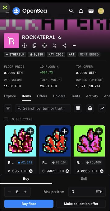urns of a pink rocker, a purple rocker, and a green rocker are displayed on an OpenSea marketplace app.