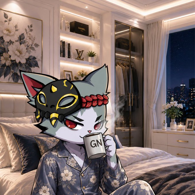 An anime-style cat character wearing a demon mask with red braided hair holds a white mug labeled 'GN' in a luxurious bedroom setting with designer shelves.