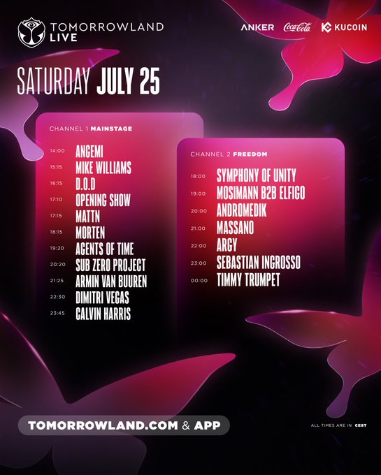 This is the LIVE schedule for Tomorrowland Belgium 2026 on Saturday, July 25th, featuring artists like Armin van Buuren and Timmy Trumpet on Mainstage and Freedom channels, sponsored by Anker, Coca-Cola, and KuCoin.