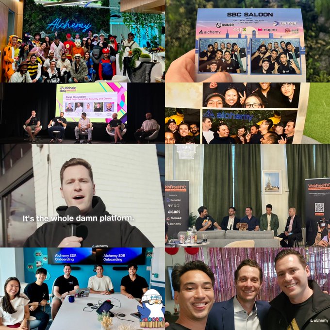 A collage of memorable moments from three years at Alchemy, featuring group photos, industry panels at NuChain and Web3NYC, an onboarding podcast setup, and team selfies with branding like "Alchemy SDR Onboarding," "SBC SALOON," and "#Web3NYC" — visually celebrating the speaker's journey that began with a cold LinkedIn DM to Glennmon.