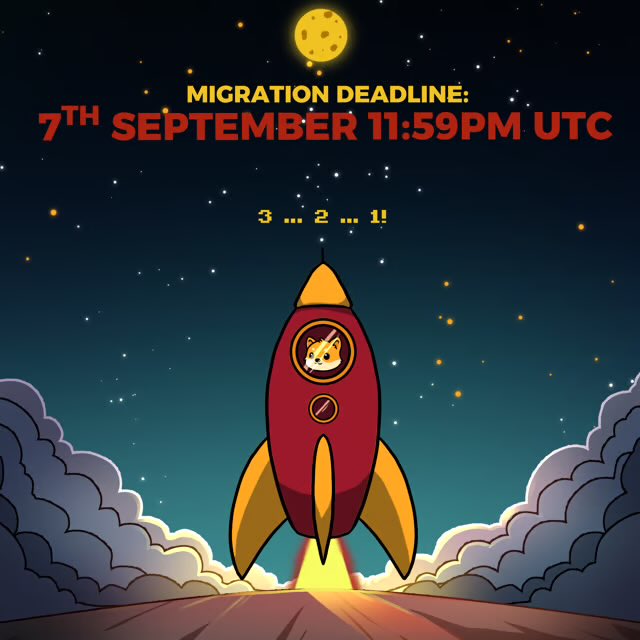A cartoon illustration of a red and yellow rocket launching into space, featuring a Shiba Inu dog in the window, with text 'MIGRATION DEADLINE: 7TH SEPTEMBER 11:59PM UTC' and a countdown '3 ... 2 ... 1!'.