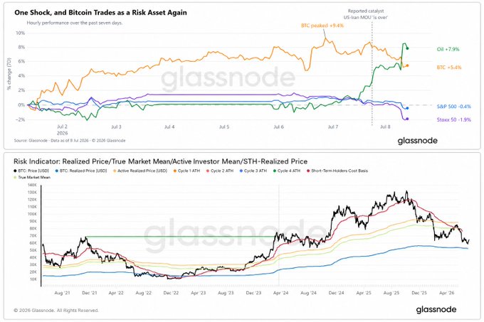 Two financial charts from Glassnode: the top showing 'One Shot, and Bitcoin Trades as a Risk Asset Again' with BTC peaking +9.4% hourly performance, and the bottom displaying 'Risk Indicator: Realized Price/True Market Mean/Active Investor Mean/STH-Realized Price' over time.