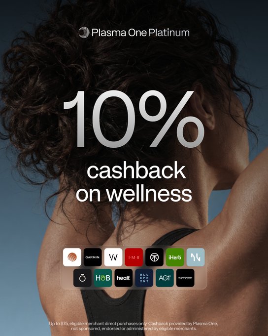 Advertisement for Plasma One Platinum credit card offering 10% cashback on wellness, featuring partner logos including Garmin, I.M.B, iHerb, and Sweat.