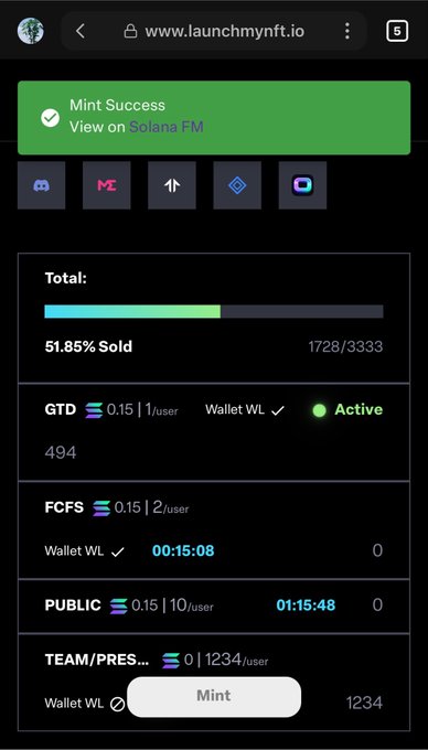 A mobile screenshot of launchmynft.io showing a "Mint Success" confirmation after securing a GTD (Guaranteed) spot at 0.15 SOL for The Conmen NFT collection, with 1728/3333 total minted (51.85% sold) and a visible mint count of 494 for the GTD tier.