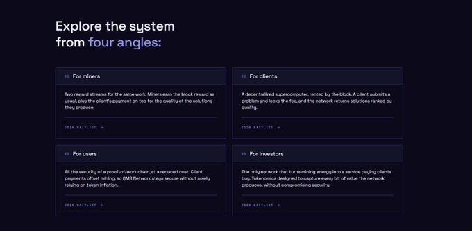 A dark-themed webpage interface with the heading 'Explore the system from four angles:' followed by four cards titled 'For miners', 'For clients', 'For users', and 'For investors', each with a 'JOIN WAITLIST' link.